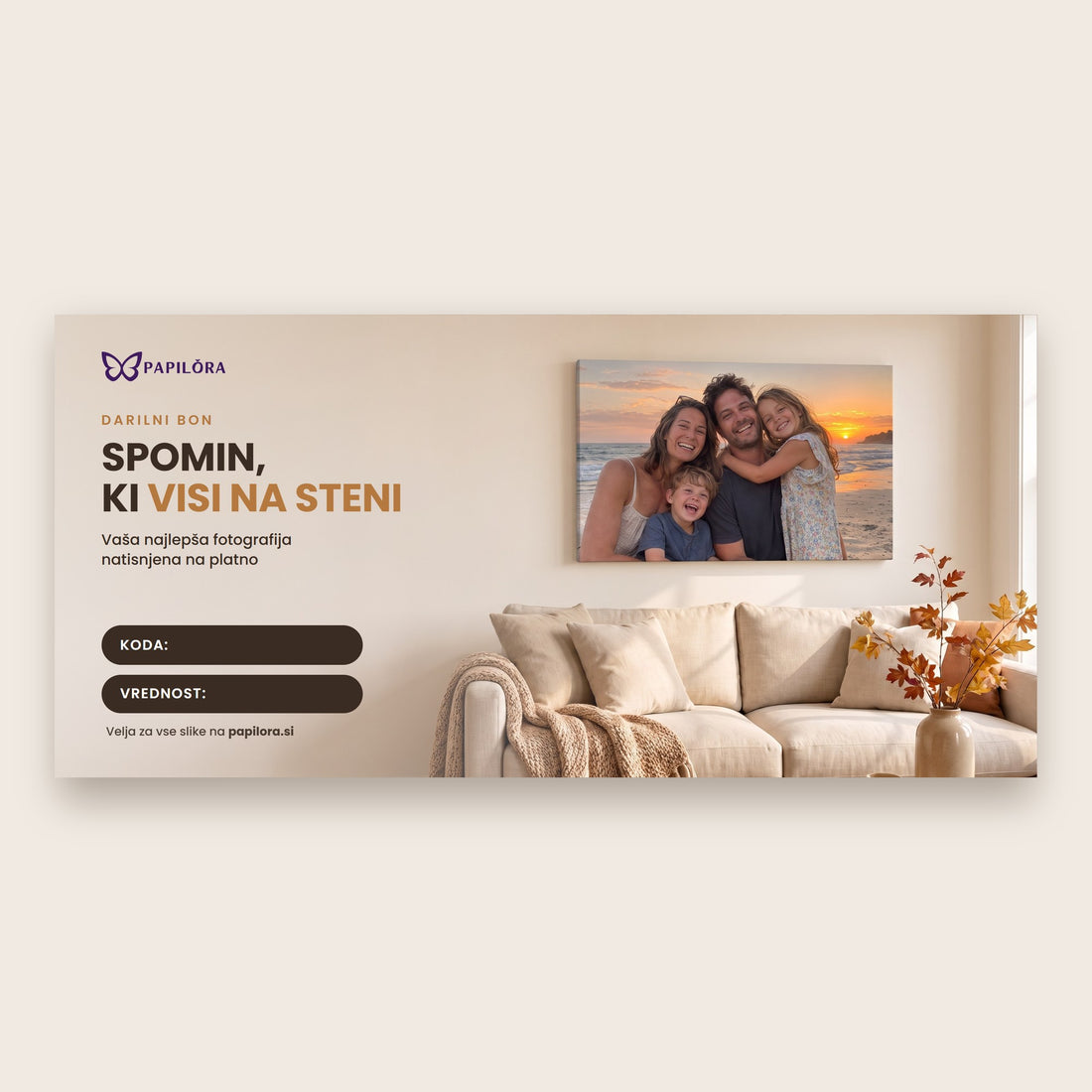Darilni bon za sliko iz fotografije na platnu znamke Papilora