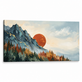 Panoramska slika gora s sončnim zahodom na platnu, 3D vizualizacija z vidnim lesenim okvirjem, Papilora Premium Art.