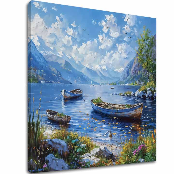 Slika na platnu z motivom čolni na jezeru med gorami – 3D prikaz platna z vidnim lesenim okvirjem, Papilora.