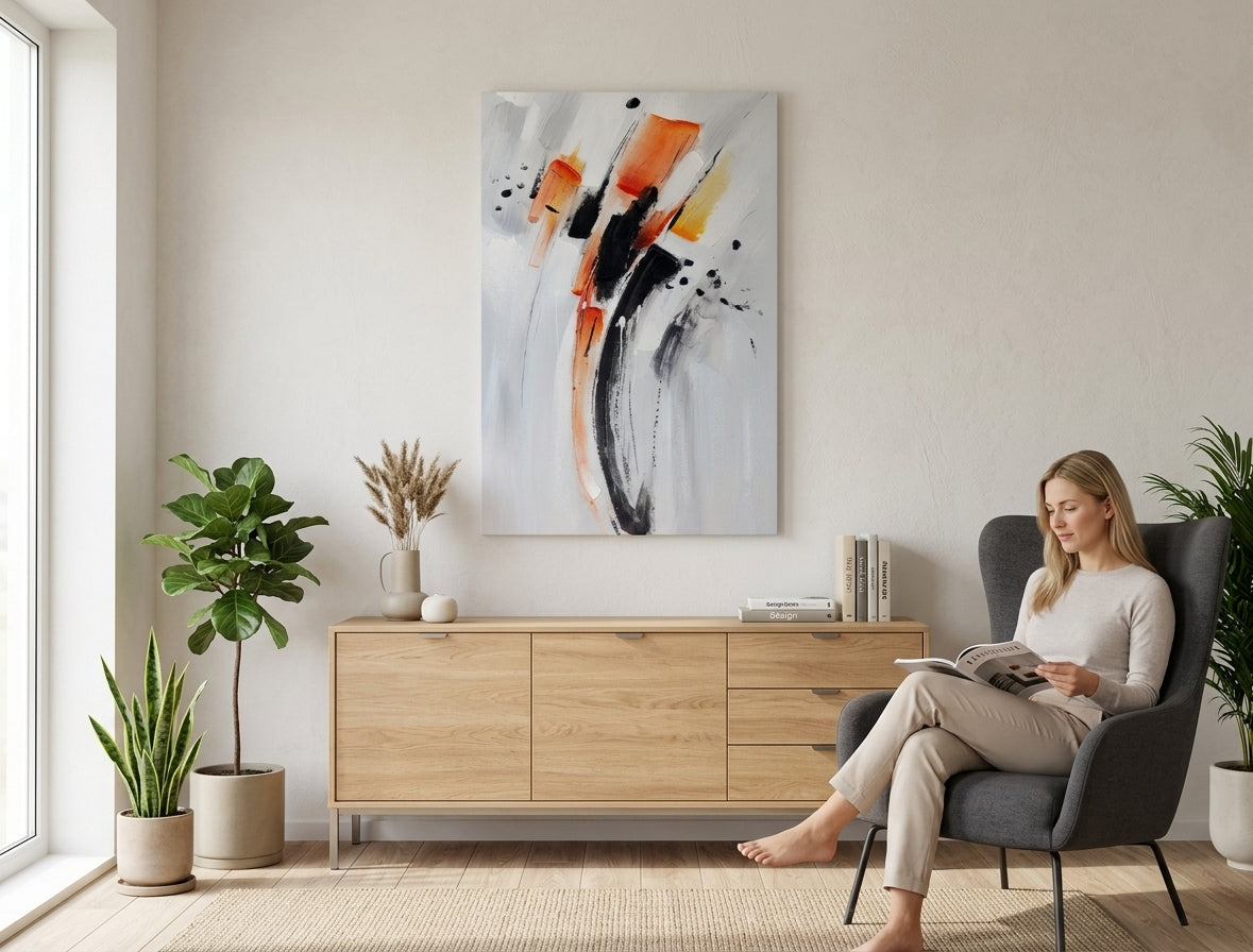 Poslikana slika za steno ABSTRAKT 60x90 cm – ročno poslikana slika v elegantnem interjerju (Modern coastal) | wall mockup | premium canvas | Papilora.sk