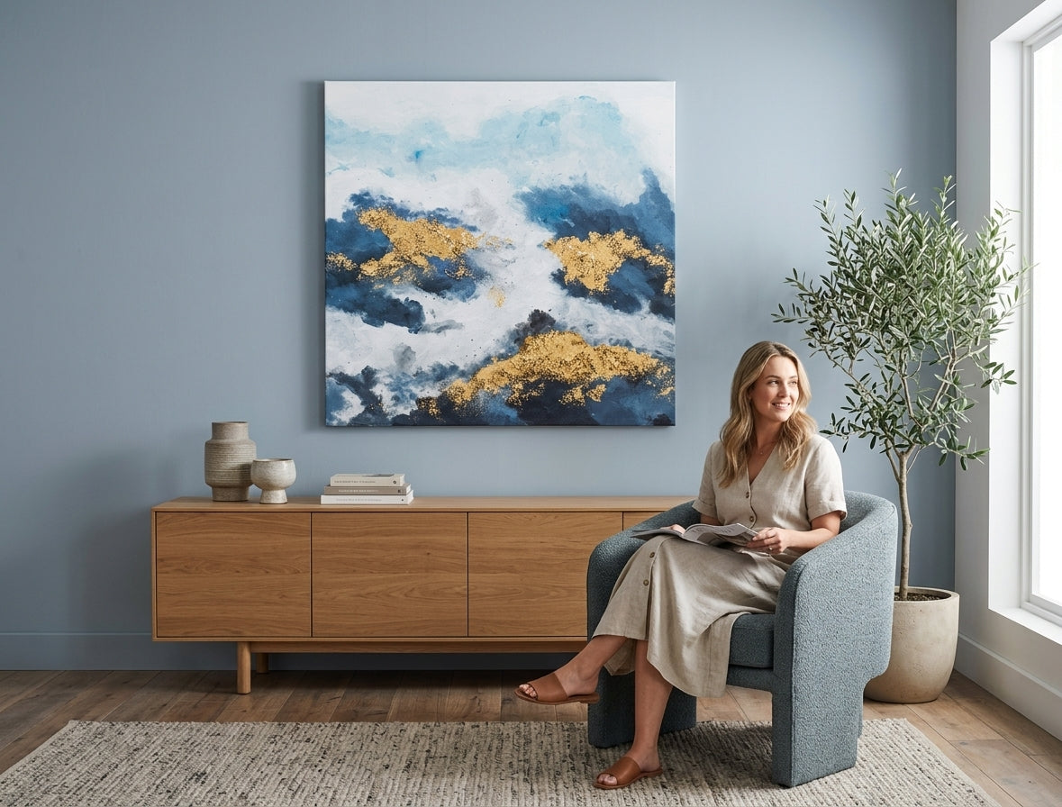 Poslikana slika za steno ABSTRAKT 70x70 cm – ročno poslikana slika v elegantnem interjerju (Golden hour luxe) | wall mockup | premium platno | Papilora.sk