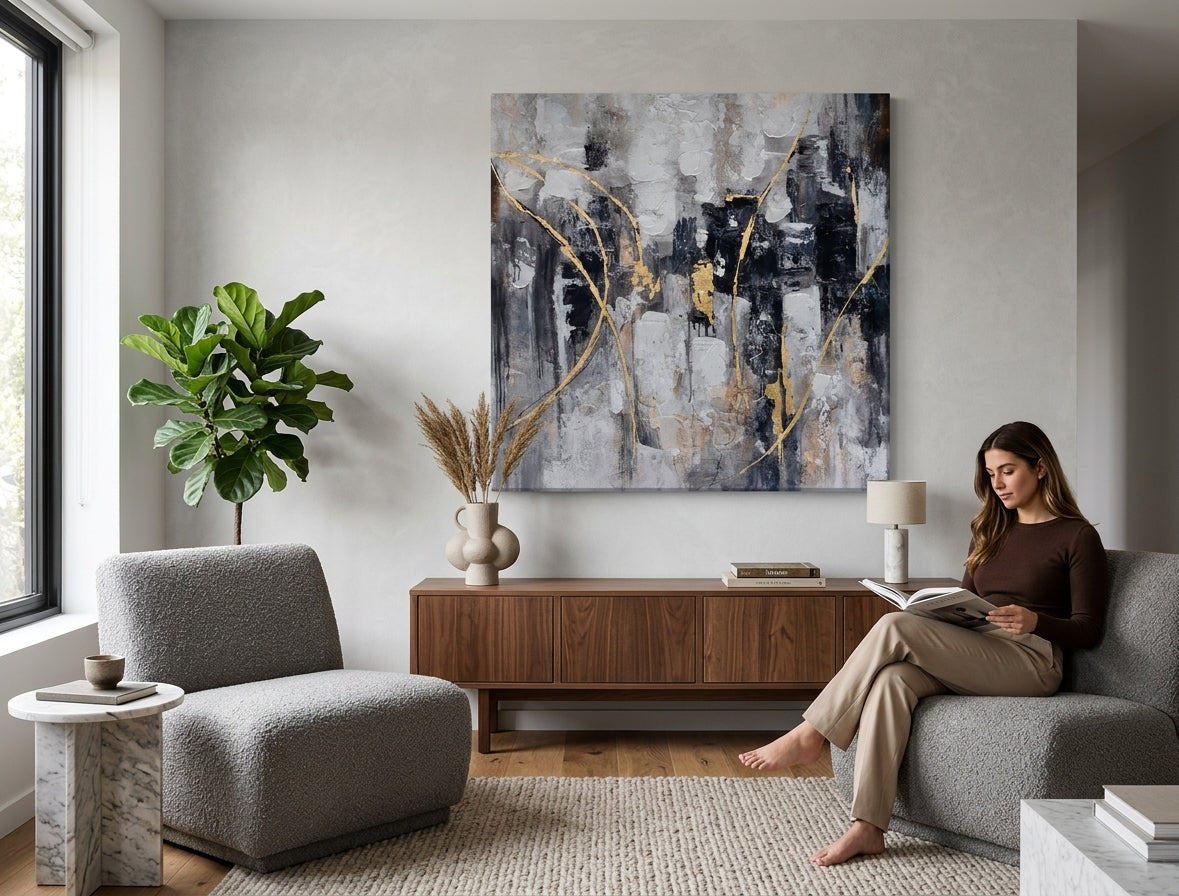 Poslikana slika za steno ABSTRAKT 80x80 cm – ročno poslikana slika v elegantnem interierju (Golden hour luxe) | wall mockup | premium canvas | Papilora.sk