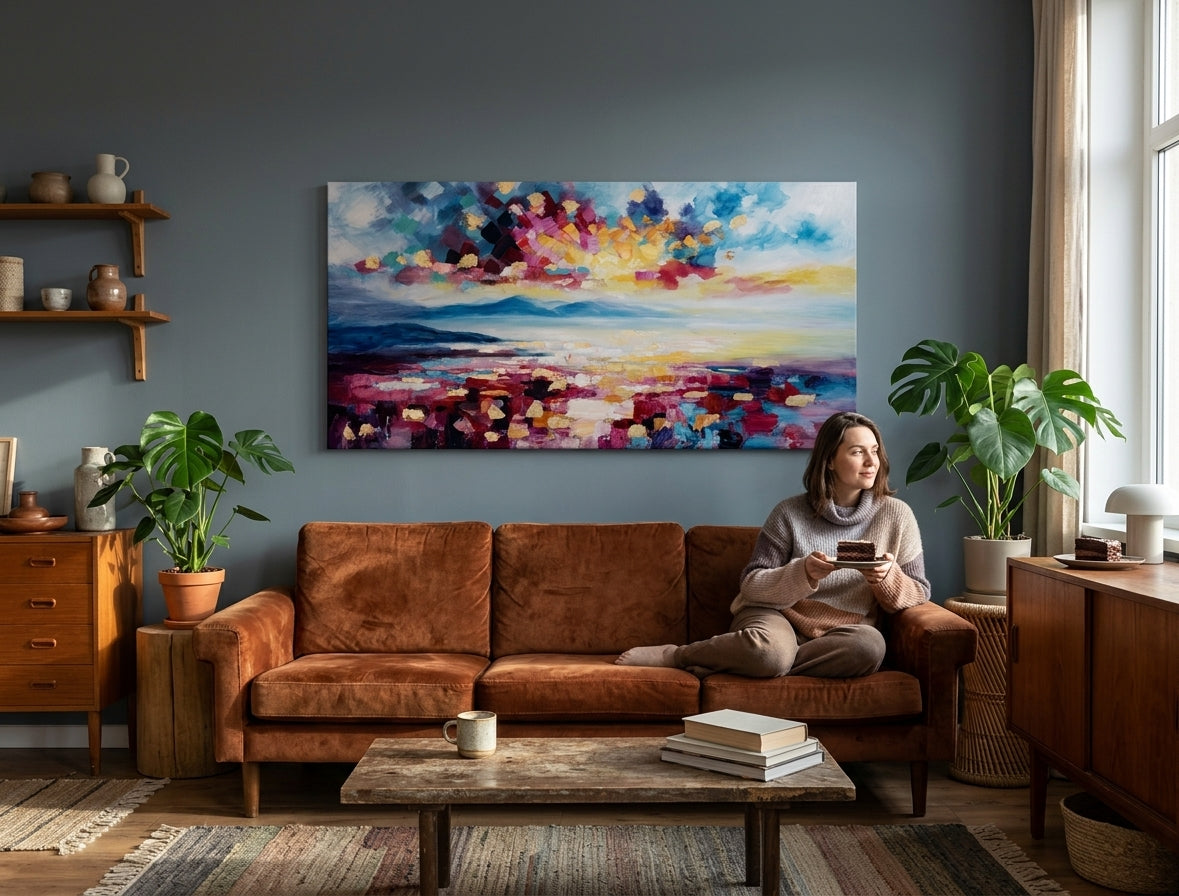 Poslikana slika za steno ABSTRAKT 140x70 cm – ročno poslikana slika v elegantnem interjerju (Branje ob oknu) | wall mockup | premium platno | Papilora.sk