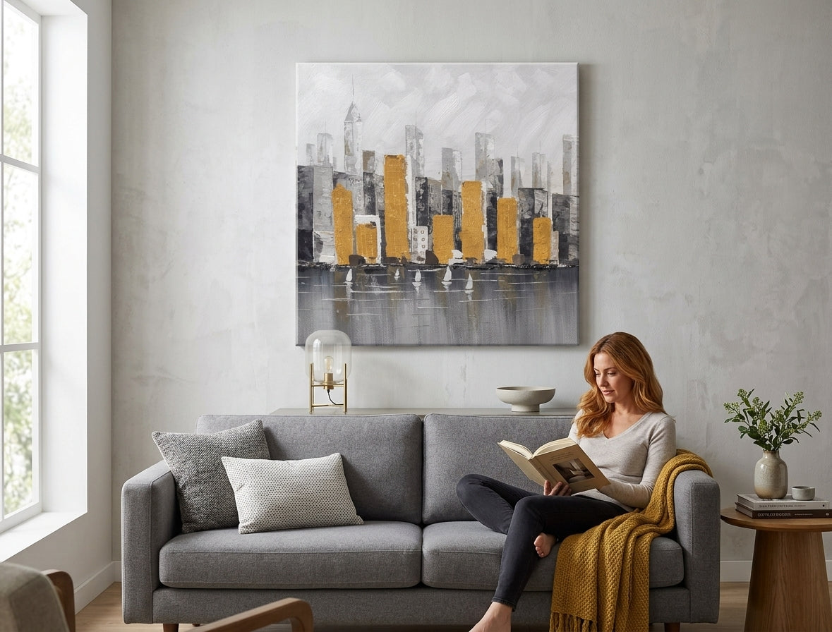 Poslikana slika za steno MESTO 70x70 cm – ročno poslikana slika v elegantnem interjerju (Modern coastal) | wall mockup | premium platno | Papilora.sk