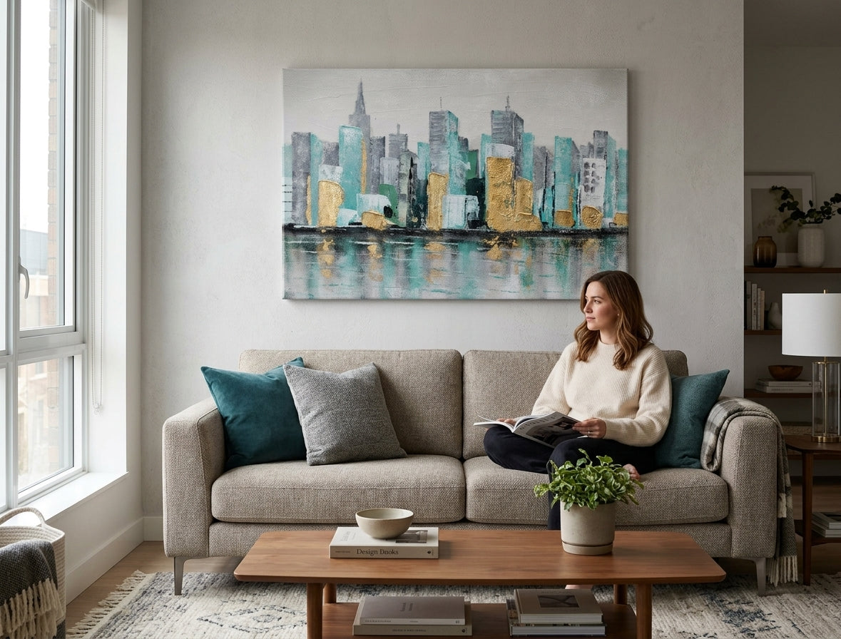 Poslikana slika za steno MESTO 90x60 cm – ročno poslikana slika v elegantnem interjerju (Golden hour luxe) | wall mockup | premium platno | Papilora.sk