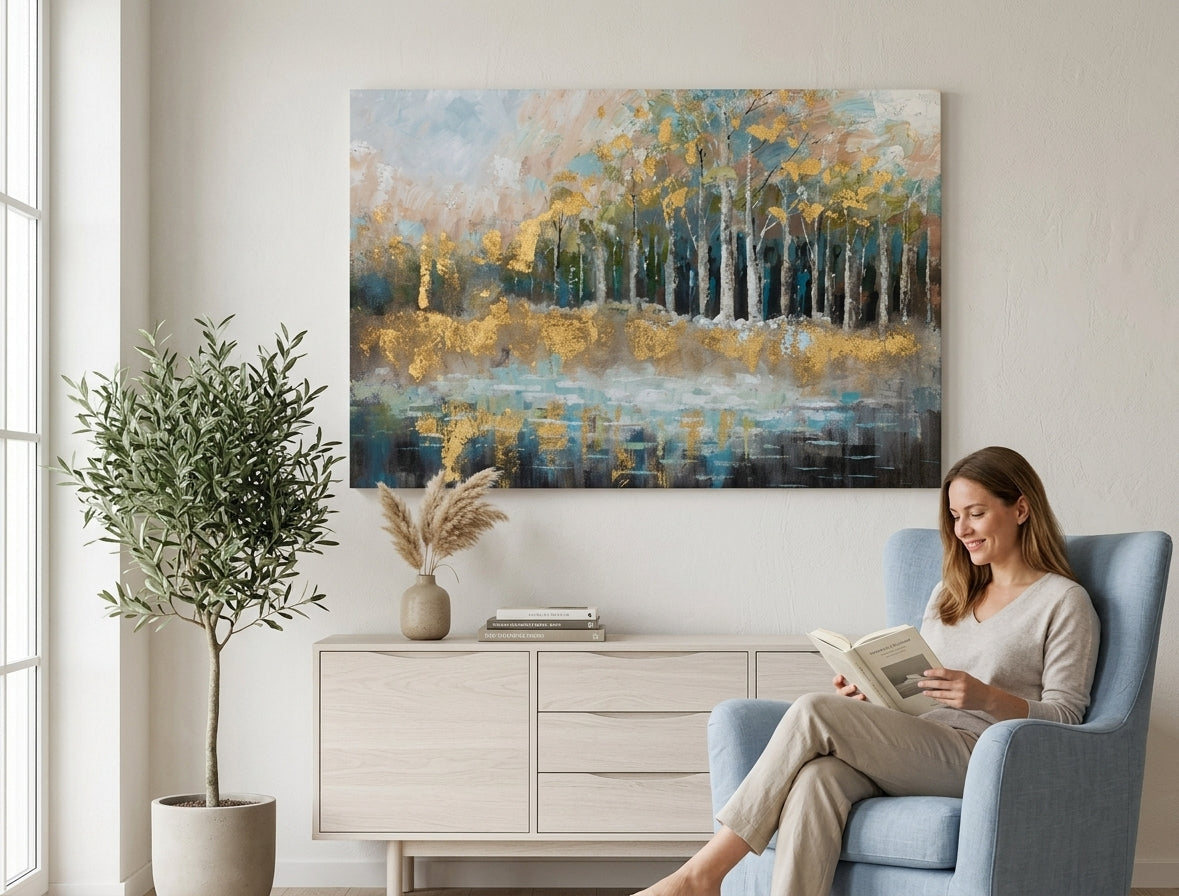 Poslikana slika za steno DREVESA 90x60 cm – ročno poslikana slika v elegantnem interjerju (Modern coastal) | wall mockup | premium platno | Papilora.sk