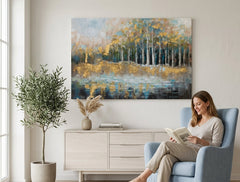 Poslikana slika za steno DREVESA 90x60 cm – ročno poslikana slika v elegantnem interjerju (Modern coastal) | wall mockup | premium platno | Papilora.sk