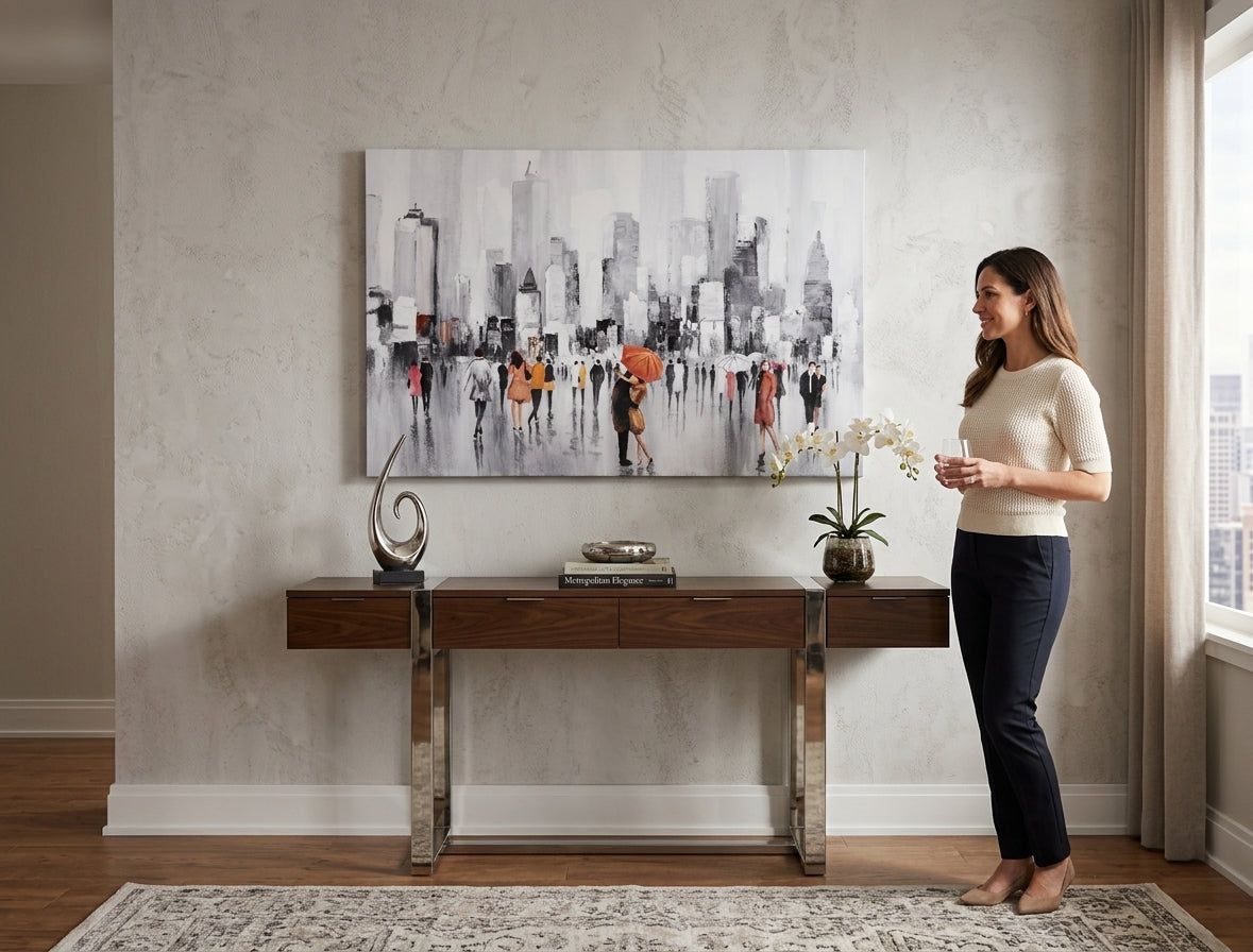 Poslikana slika na steno LJUDJE 120x80 cm – ročno poslikana slika v elegantnem interjerju (Mid-century warm) | wall mockup | premium platno | Papilora.sk