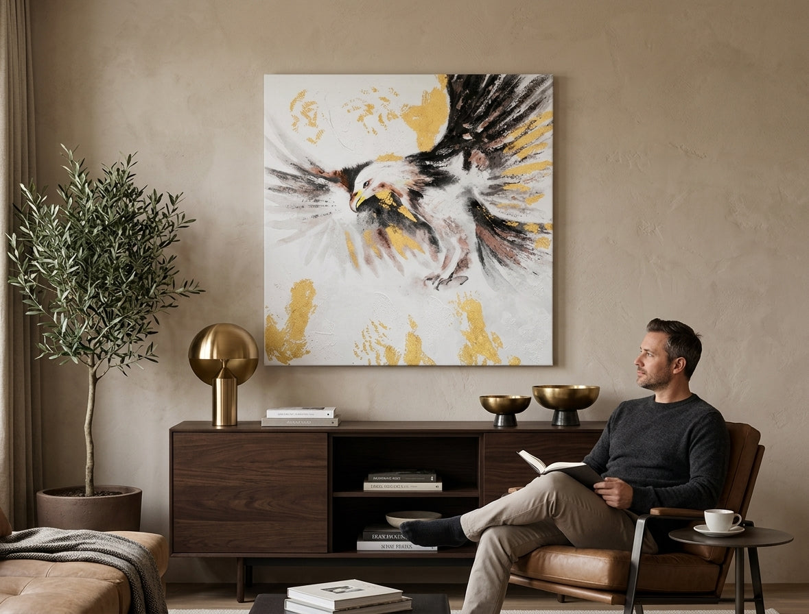 Poslikana slika na steno OREL 60x60 cm – ročno poslikana slika v elegantnem interjerju (Golden hour luxe) | wall mockup | premium platno | Papilora.sk