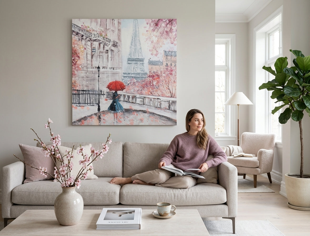 Poslikana slika za steno PARIZ 70x70 cm – ročno poslikana slika v elegantnem interjerju (Mid-century warm) | wall mockup | premium platno | Papilora.sk