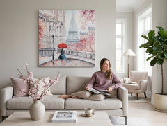 Poslikana slika za steno PARIZ 70x70 cm – ročno poslikana slika v elegantnem interjerju (Mid-century warm) | wall mockup | premium platno | Papilora.sk