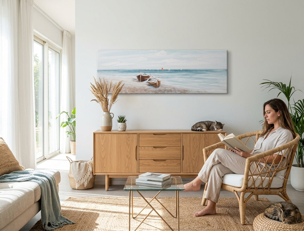 Poslikana slika za steno PLAŽA 120x40 cm – ročno poslikana slika v elegantnem interjerju (Mid-century warm) | wall mockup | premium canvas | Papilora.sk