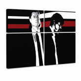 Quadro POP Art dipinto a mano Pulp Fiction 4 pezzi pulp – Visualizzazione 3D del quadro dipinto a mano su sfondo bianco. Colori dominanti: nero, rosso, bianco, grigio, marrone.