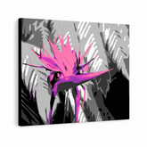 Ročno poslikan POP Art Flower 1 kos slike flo5 – 3D vizualizacija ročno poslikanega platna na belem ozadju. Prevladujoče barve: črna, rožnata, vijolična.