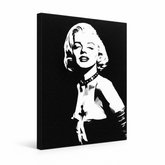Ročno poslikana POP Art slika Marilyn MONROE 1 kos mon5 – 3D vizualizacija ročno poslikanega platna na belem ozadju. Prevladujoče barve: črna, bela, siva.