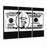 Ročno poslikana slika POP Art AL CAPONE 3 kosi ac – 3D vizualizacija ročno poslikanega platna na belem ozadju. Prevladujoče barve: črna, bela, siva.