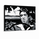 Ročno poslikana slika POP Art AL PACINO 1 kos al13 – 3D vizualizacija ročno poslikanega platna na belem ozadju. Prevladujoče barve: črna, bela, siva.