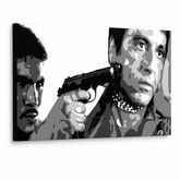 Ročno poslikana slika POP Art AL PACINO 1 kos al20 – 3D vizualizacija ročno poslikanega platna na belem ozadju. Prevladujoče barve: črna, bela, siva.