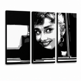 Ročno poslikana slika POP Art Audrey HEPBHURN 3 kosov ah1 – 3D vizualizacija ročno poslikanega platna na belem ozadju. Prevladujoče barve: črna, bela, siva.