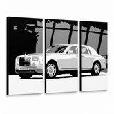 Ročno poslikana slika POP Art BENTLEY 3 kosi nagnjeni – 3D vizualizacija ročno poslikanega platna na belem ozadju. Prevladujoče barve: bela, črna, siva.