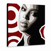 Ročno poslikana slika POP Art BEYONCÉ 1 kos bey3 – 3D vizualizacija ročno poslikanega platna na belem ozadju. Prevladujoče barve: črna, rdeča, rjava, bela, siva.