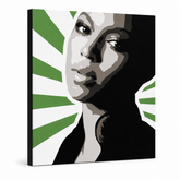 Ročno poslikana slika POP Art BEYONCÉ 1 kos bey4 – 3D vizualizacija ročno poslikanega platna na belem ozadju. Prevladujoče barve: zelena, črna, siva, bela, rožnata.