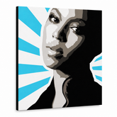Ročno poslikana slika POP Art BEYONCÉ 1 kos bey5 – 3D vizualizacija ročno poslikanega platna na belem ozadju. Prevladujoče barve: črna, modra, bela, siva, rjava.