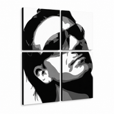 Ročno poslikana slika POP Art Bono-U2 4 kosi bono2 – 3D vizualizacija ročno poslikanega platna na belem ozadju. Prevladujoče barve: črna, bela, siva.