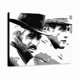 Ročno poslikana slika POP Art Butch Cassidy 1 kos bc – 3D vizualizacija ročno poslikanega platna na belem ozadju. Prevladujoče barve: črna, bela, siva.
