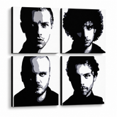 Ročno poslikana slika POP Art Coldplay 4 kosi cp – 3D vizualizacija ročno poslikanega platna na belem ozadju. Prevladujoče barve: črna, bela, siva.