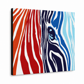 Ročno poslikana slika POP Art COLOURS 1 kos zebra – 3D vizualizacija ročno poslikanega platna na belem ozadju. Prevladujoče barve: rdeča, oranzová, modra, bela, črna.