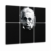 Ročno poslikana slika POP Art Einstein 6 delov einstein – 3D vizualizacija ročno poslikanega platna na belem ozadju. Prevladujoče barve: črna, bela, siva.