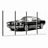 Ročno poslikana slika POP Art Ford Mustang 4 kosi fm – 3D vizualizacija ročno poslikanega platna na belem ozadju. Prevladujoče barve: črna, siva, bela.
