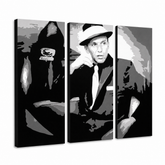 Ročno poslikana slika POP Art Frank Sinatra 3 kosi sin – 3D vizualizacija ročno poslikanega platna na belem ozadju. Prevladujoče barve: črna, bela, siva.