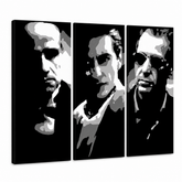 Ročno poslikana slika POP Art GODFATHER 3 kosi bog2 – 3D vizualizacija ročno poslikanega platna na belem ozadju. Prevladujoče barve: črna, bela, siva.