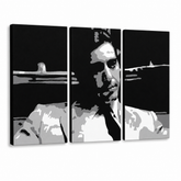 Ročno poslikana slika POP Art GODFATHER 3 kosi bog6 – 3D vizualizacija ročno poslikanega platna na belem ozadju. Prevladujoče barve: črna, bela, siva.