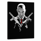 Ročno poslikana slika POP Art HITMAN hit – 3D vizualizacija ročno poslikanega platna na belem ozadju. Prevladujoče barve: črna, rdeča, siva.
