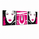 Ročno poslikana slika POP Art I-GIRL 3 kosi pw – 3D vizualizacija ročno poslikanega platna na belem ozadju. Prevladujoče barve: rožnata, črna, bela, siva.