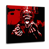Ročno poslikana slika POP Art Iron Maiden 1 kos im – 3D vizualizacija ročno poslikanega platna na belem ozadju. Prevladujoče barve: rdeča, črna, bela.
