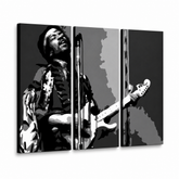 Ročno poslikana slika POP Art Jimmy Hendrix 3 kosi jh – 3D vizualizacija ročno poslikanega platna na belem ozadju. Prevladujoče barve: črna, bela, siva.