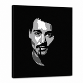 Ročno poslikana slika POP Art Johnny Depp1 del jd2 – 3D vizualizacija ročno poslikanega platna na belem ozadju. Prevladujoče barve: črna, bela, siva.