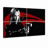 Ročno poslikana slika POP Art Kill Bill 4 kosov kb – 3D vizualizacija ročno poslikanega platna na belem ozadju. Prevladujoče barve: črna, rdeča, bela.