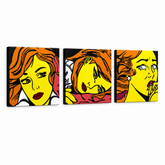 Ročno poslikana slika POP Art LICHTENSTEIN 3 kosi li7 – 3D vizualizacija ročno poslikanega platna na belem ozadju. Prevladujoče barve: rumena, črna, oranžna.