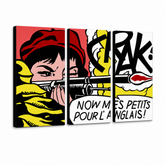 Ročno poslikana slika POP Art LICHTENSTEIN 3 kosi li8 – 3D vizualizacija ročno poslikanega platna na belem ozadju. Prevladujoče barve: rdeča, rumena, črna, bela, oranžna.