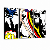Ročno poslikana slika POP Art LICHTENSTEIN 3 kosi – 3D vizualizacija ročno poslikanega platna na belem ozadju. Prevladujoče barve: črna, rumena, rdeča, modra, bela.