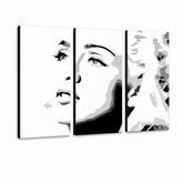 Ročno poslikana slika POP Art Madonna 3 kosov ma4 – 3D vizualizacija ročno poslikanega platna na belem ozadju. Prevladujoče barve: črna, bela, siva.