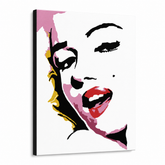 Ročno poslikana slika POP Art Marilyn Monroe 1 kos mon7 – 3D vizualizacija ročno poslikanega platna na belem ozadju. Prevladujoče barve: rožnata, rdeča, črna, rumena, siva.