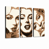 Ročno poslikana slika POP Art Marilyn MONROE 3 kosi mon1 – 3D vizualizacija ročno poslikanega platna na belem ozadju. Prevladujoče barve: bež, rjava, črna.