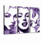 Ročno poslikana slika POP Art Marilyn MONROE 3 kosi mon4 – 3D vizualizacija ročno poslikanega platna na belem ozadju. Prevladujoče barve: vijolična, bela, črna.
