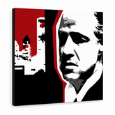 Ročno poslikana slika POP Art marlon brando 1 kos mb8 – 3D vizualizacija ročno poslikanega platna na belem ozadju. Prevladujoče barve: črna, bela, rdeča.